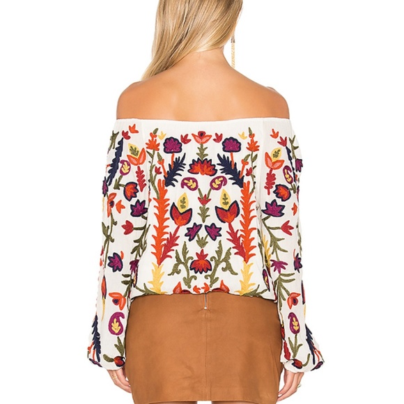 Off-Shoulder Embroidery Long Sleeve Peasant Top - Picture 5 of 7